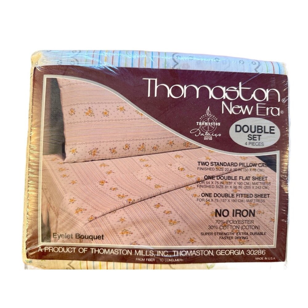 Sealed Vintage Thomaston DOUBLE Sheet Set No Iron 4 Pieces Eyelet Bouquet